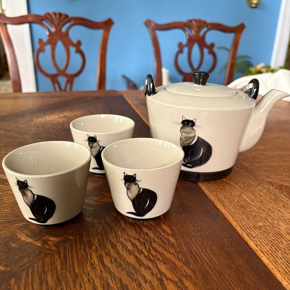 Vintage Siamese Cat Teapot with 3 Matching Cups - Picture 1 of 5